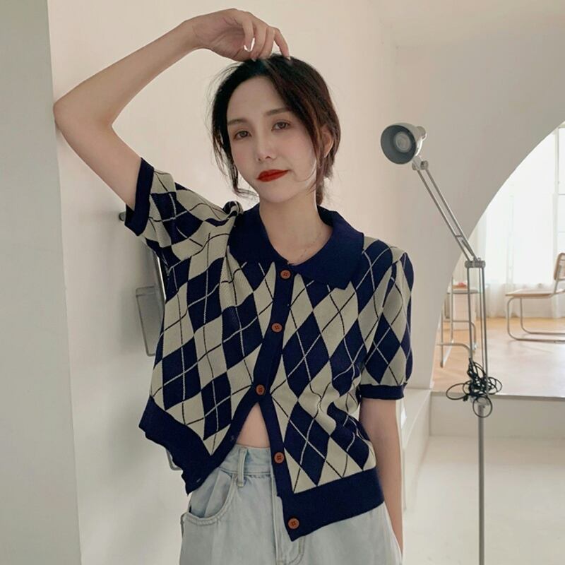 格子柄ニットショートサマー薄手シャツ トップス 夏物 シルク スーパーモール78318769335