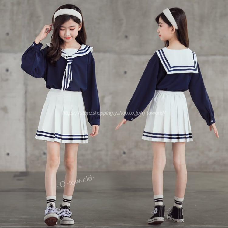 【110㎝-170㎝】女の子 セーラー服　2点セット　フォーマル　長袖　アカデミースタイル　プリーツスカート　韓国子供服　韓国版　女の子　韓国子供服　 子供服　キッズ　 | Q-toworld(キュートワールド)子供服 powered by BASE