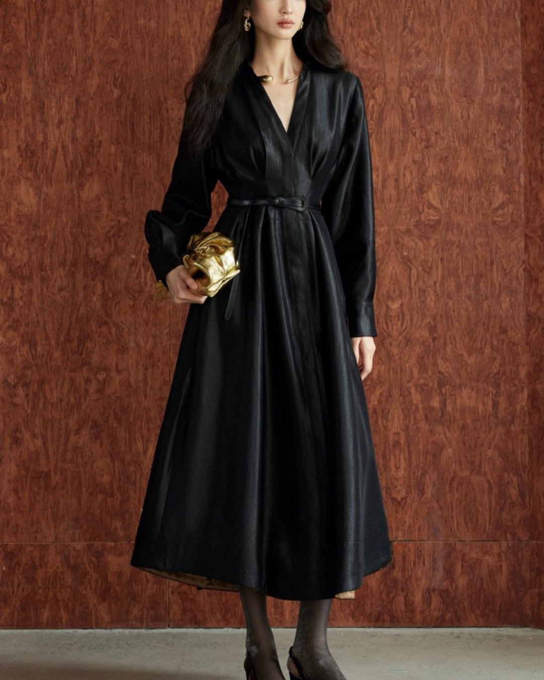 Vネックフレアシャツワンピース A25302