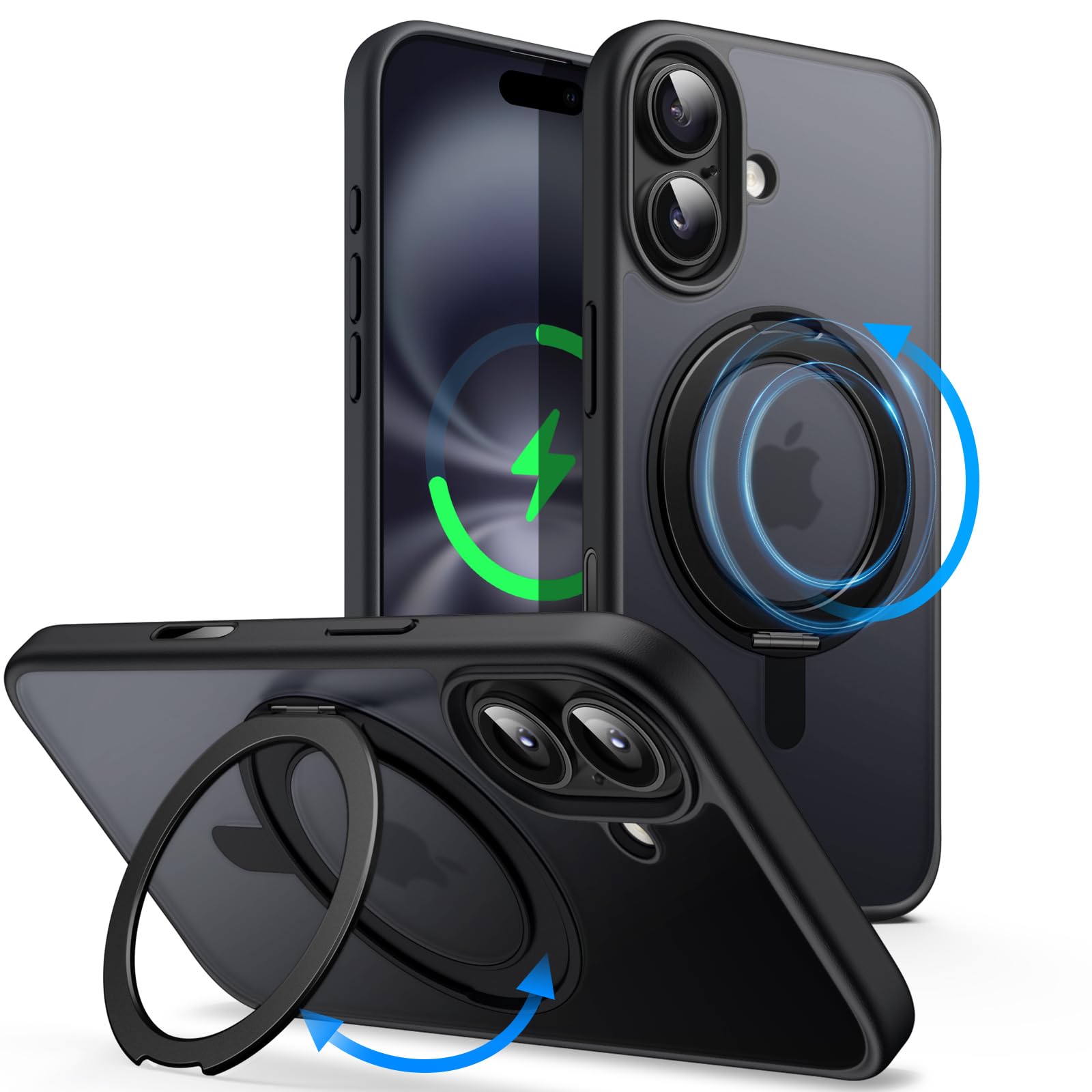 JETech iPhone 16用 360°回転リングスタンドケース (ブラック)