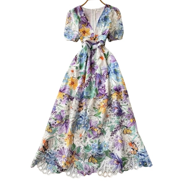 全3色 / Vネックフラワーレースワンピース L2246