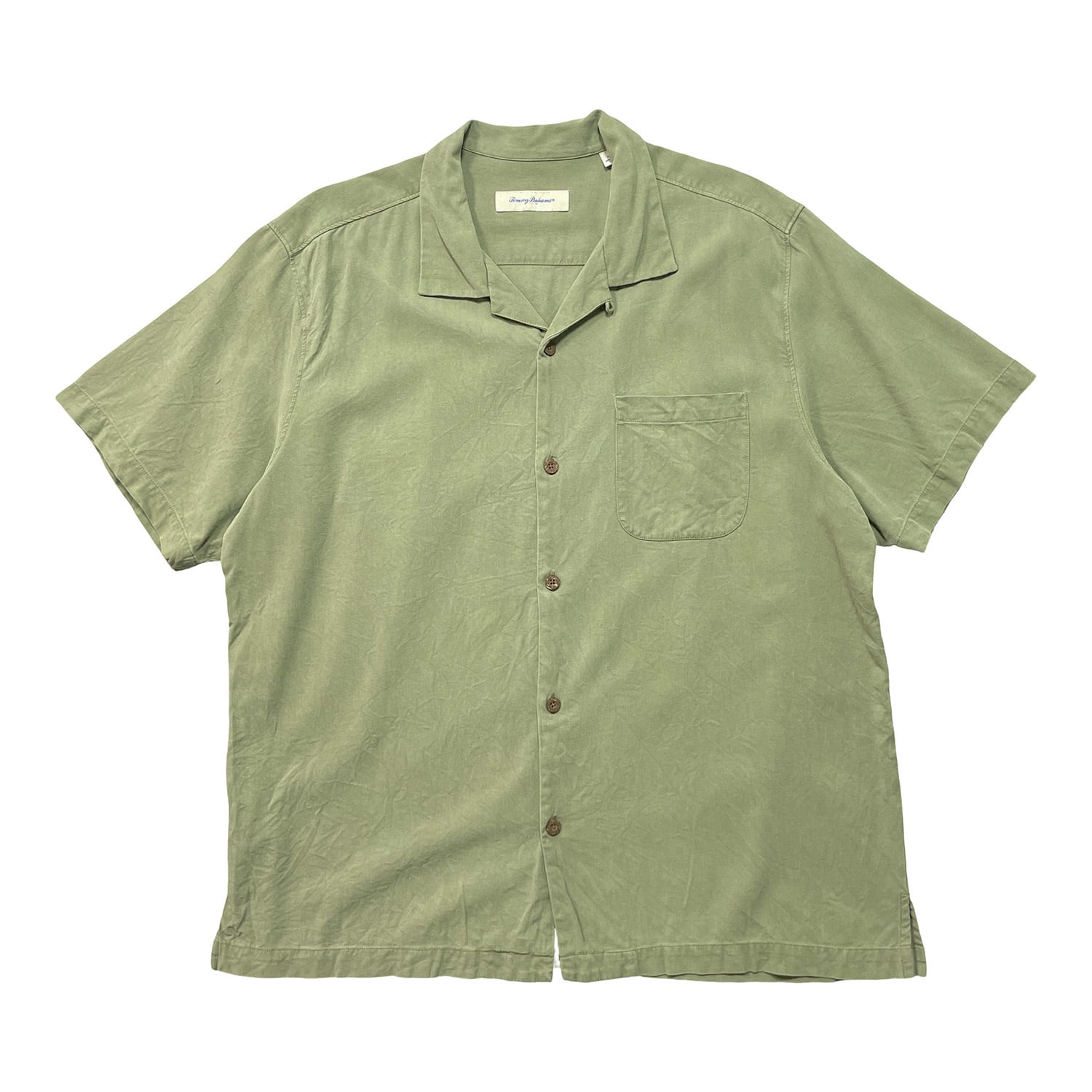 極上シルク織トミーバハマオープンカラーシャツXLセージグリーンオリーブ古着 USA 古着 Tommy Bahama トミーバハマ シルク 開襟 アロハシャツ