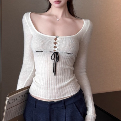 ループボタンリボンニットトップス ・12876