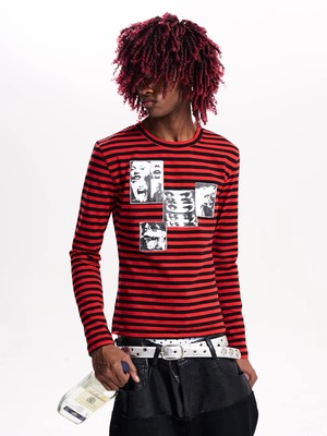 【Fourth3ex】Red Stripe Graphic Long Sleeve T-Shirt