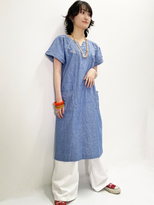 Vintage Hand Embroidered Chambray Dress