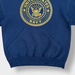 【SOFFE】90s USA製 リフレクター付き ロゴ プリント US NAVY バックプリント パーカー プルオーバー スウェット フーディー hoodie S ネイビー ソフィー 米軍 アメリカ軍 ミリタリー us古着