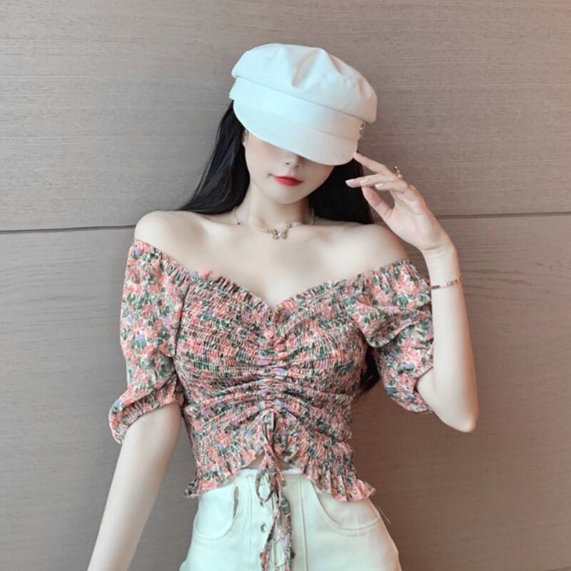 サマーシャツ スリムギャザークロップトップ トップス 夏物 オフショルダー ハンチェンe56163358692