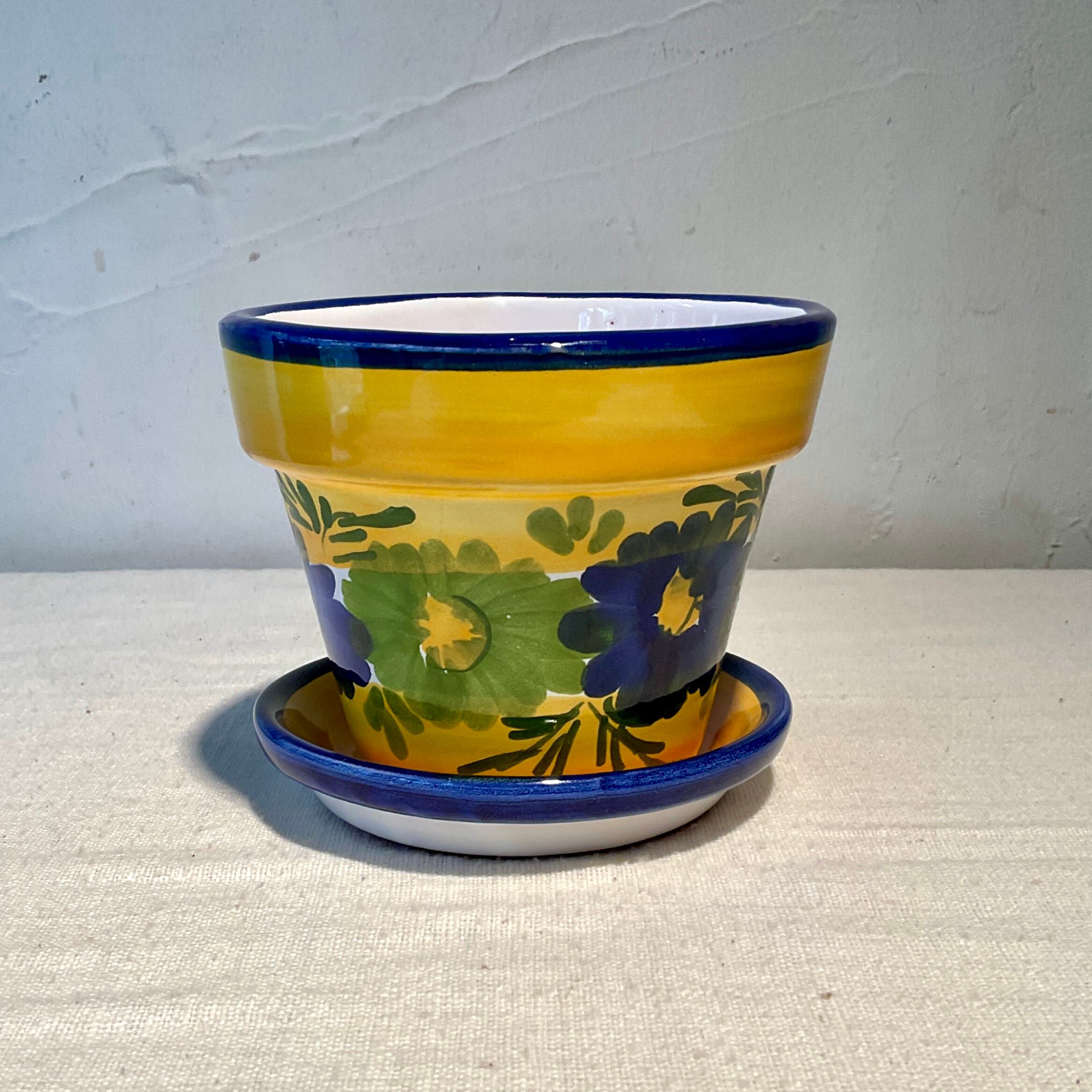 【スペイン陶器】4号プランター(青緑花)