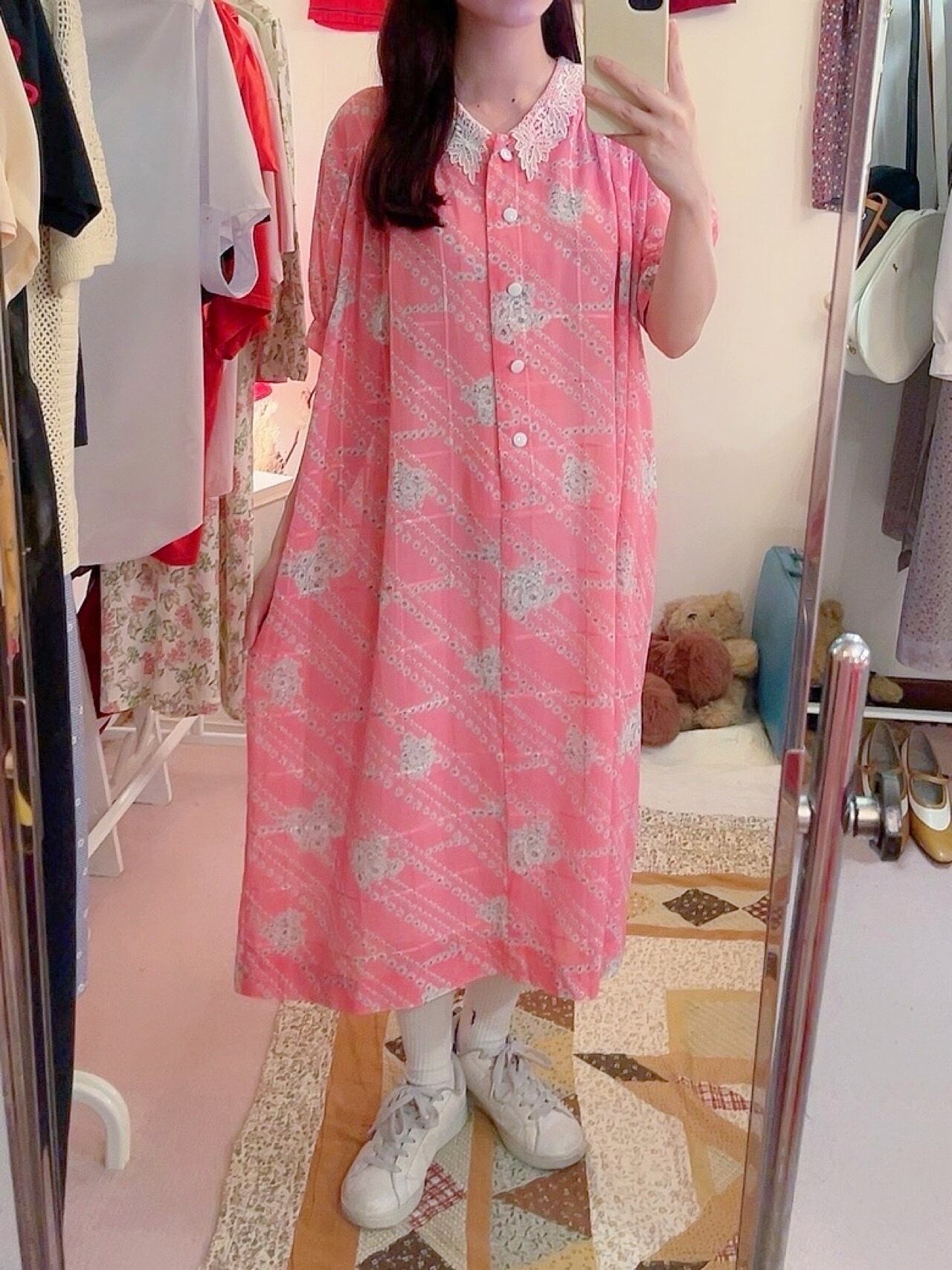 lace collar vivid pink one-piece