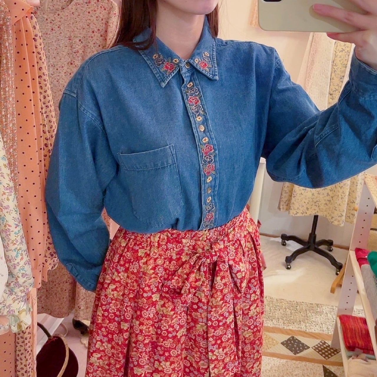 rose embroidery denim shirt
