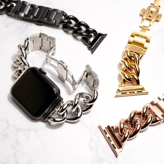 [Royce&Roland] 互換品/代替品 チェーンバンド (44mm 45mm 46mm 49mm / バタフライバックル) おしゃれ 時計 バンド ベルト/ステンレス シルバー/工具不要 (Series 10 9 8 7 6 5 4 SE Ultra) レディース ギフト プレゼント applewatch アップルウォッチ