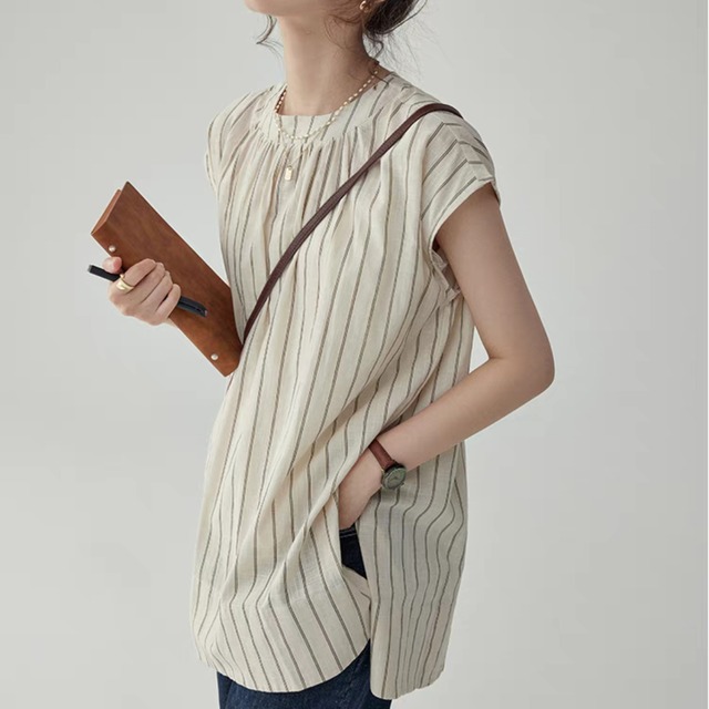 ストライプギャザーノースリーブブラウス　0092