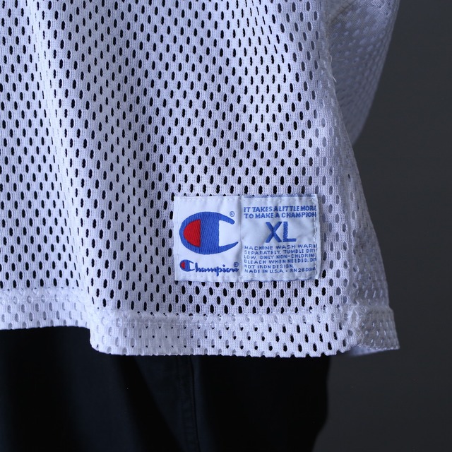 "Champion" white one-tone over silhouette mesh tee