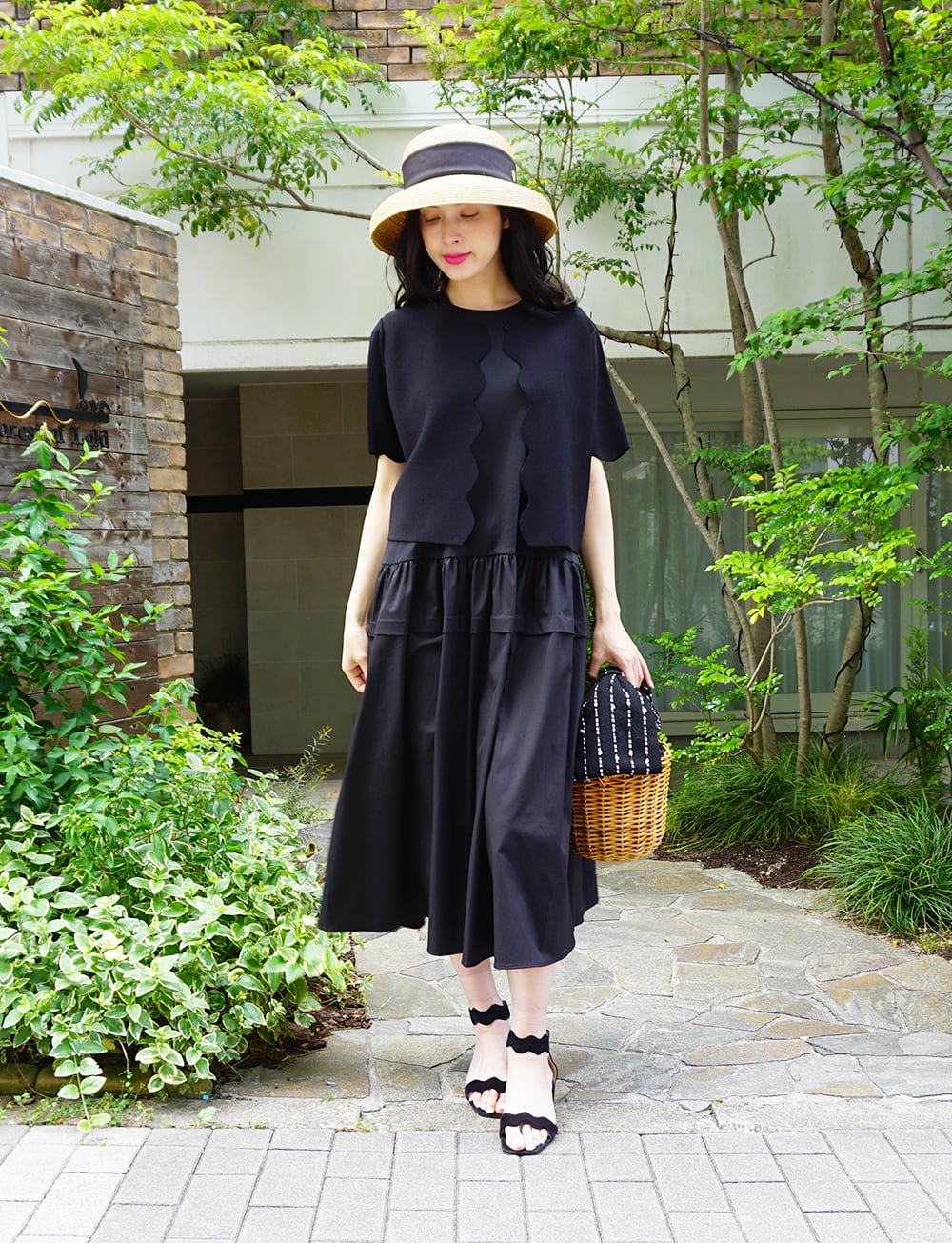 美品✨フリリードッキングチュニックワンピース　ブラック カットソー×ファブリックドッキングワンピース black | amin pur