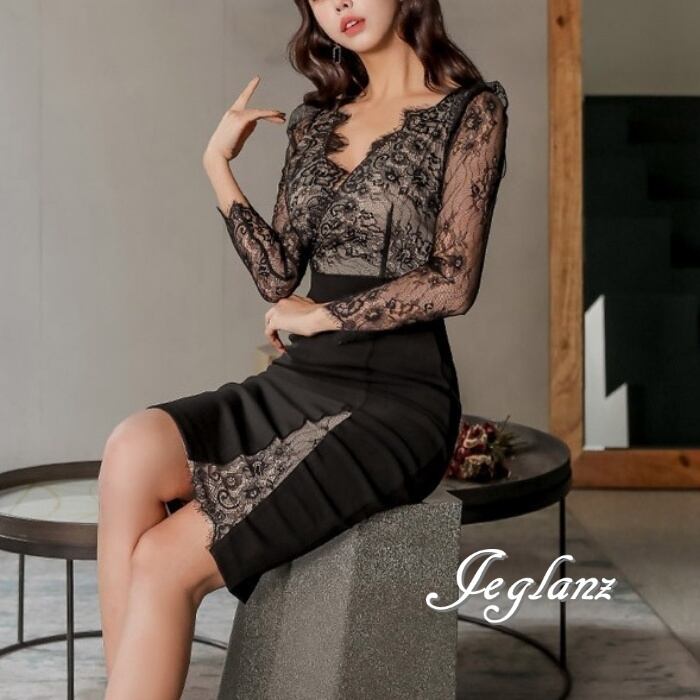 2色 パーティドレス ワンピース レーシー 肌透け タイト 大人シック ( M6279)ζ