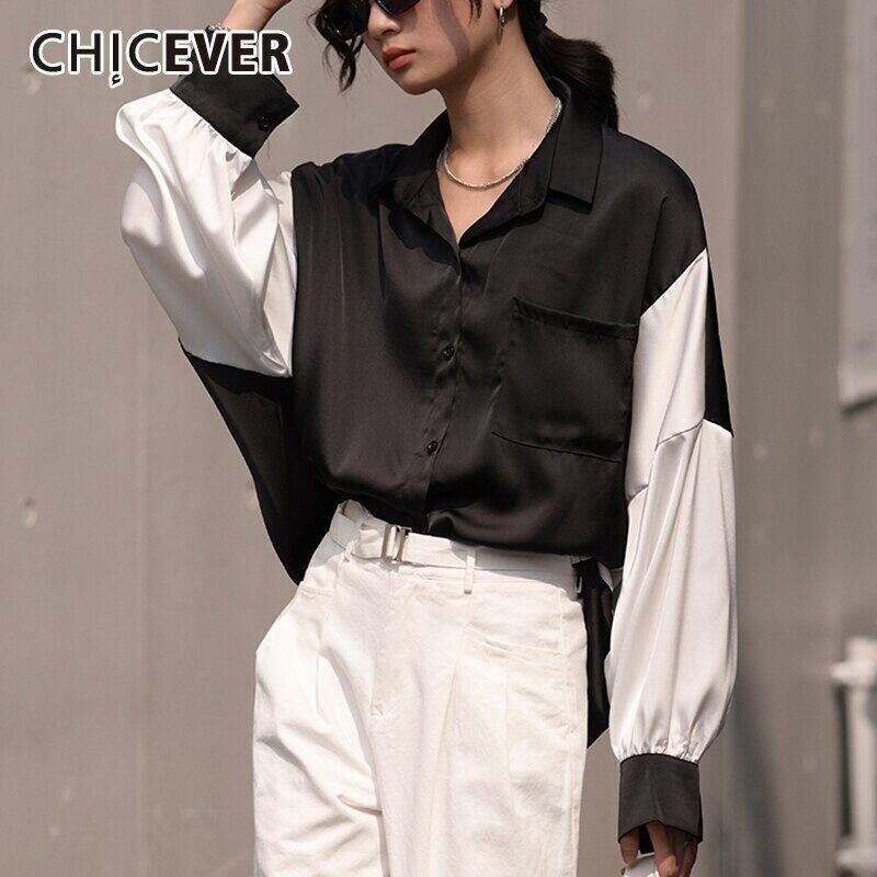 CHICEVERシフォンシャツレディースラペル長袖パッチワークヒットカラー特大ルーズブラウス2020秋服 ロング 6base512236159177
