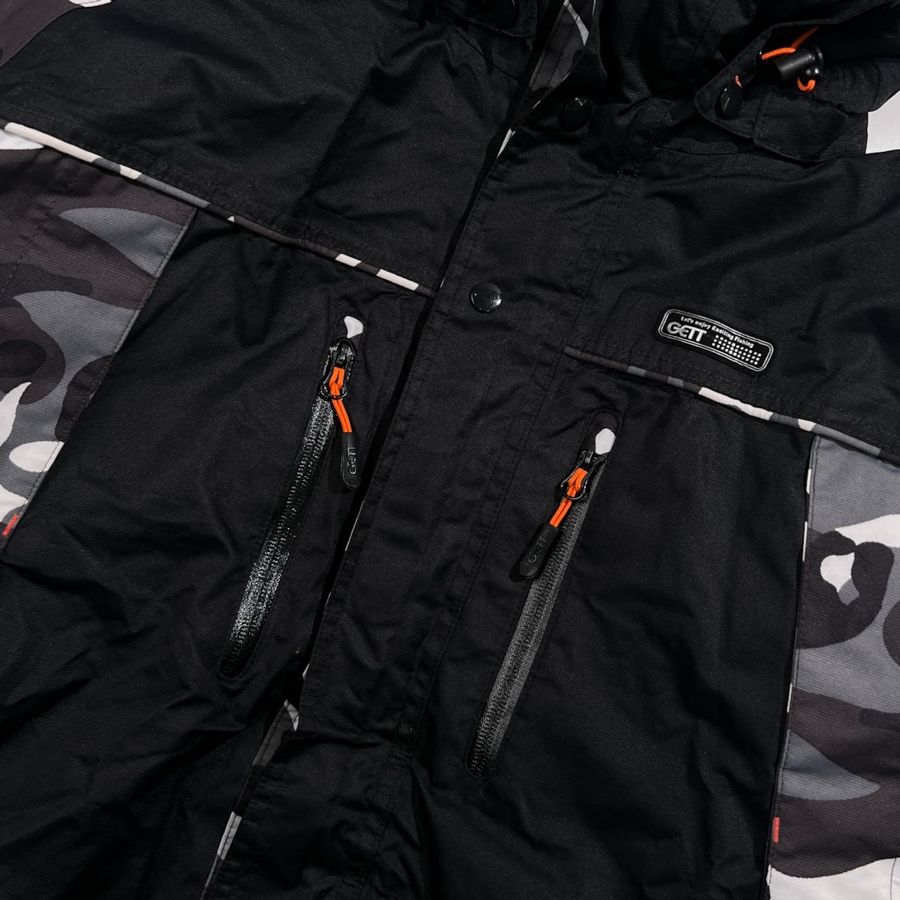 GETT ゲット フィッシングジャケット 中綿 カモフラ 迷彩 フード パーカー M/グレー系 メンズ  釣り ウェア 防寒 アウトドア キャンプ