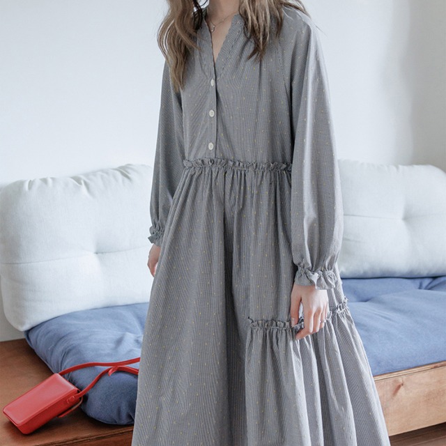 gingham check embroidered long shirt one-piece dress J00066