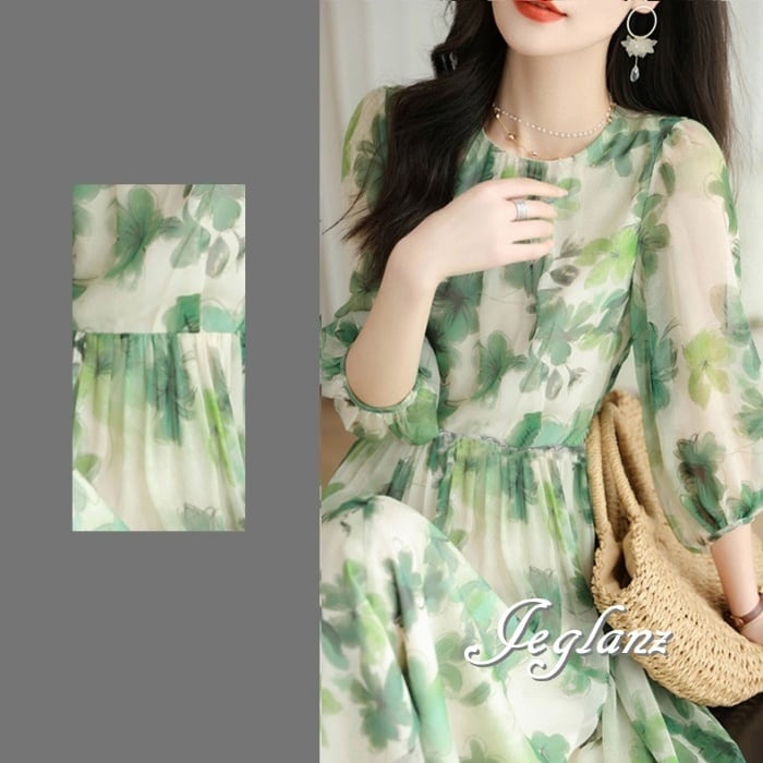 花柄 プリント ワンピース ドレス 透け感 きれいめ エレガント 7分袖 ( M7292)α