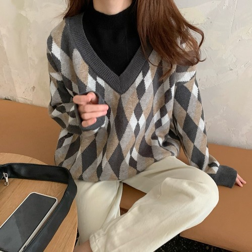 トップス セーター ミディアム丈 袖あり 長袖 萌袖 ラウンドネック 襟付き ストレート ドッキング かわいい 大人可愛い カジュアル おしゃれ レトロ 大人可愛い 大人女子 ラフ キュート ガーリー ルーズ 柄 アーガイル 秋 冬 クリスマス 2020 10代 20代 レディース デート お出かけ 女子会 休日 イベント 旅行 カフェ ショッピング 着回し 普段使い 韓国系 ファッション 楽ちん 暖かい モテ 体型カバー 定番 インスタ映え デートコーデ サイズ XL 2XL 3XL 4XL