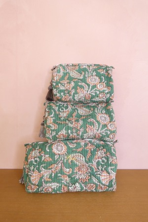 【名入れ刺繍可】Lサイズブロックプリントポーチ/グリーン