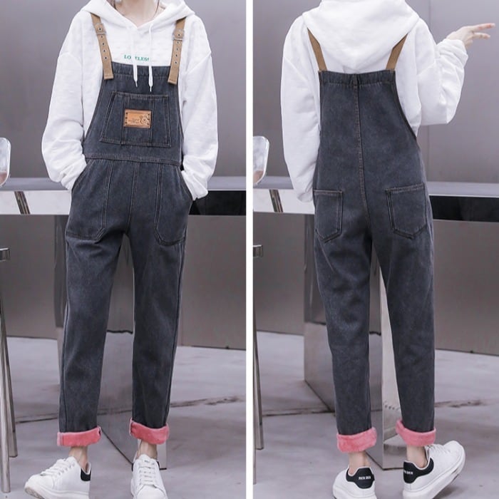 ベルベットと厚みのあるデニムオーバーオール女性 2021 新しい冬