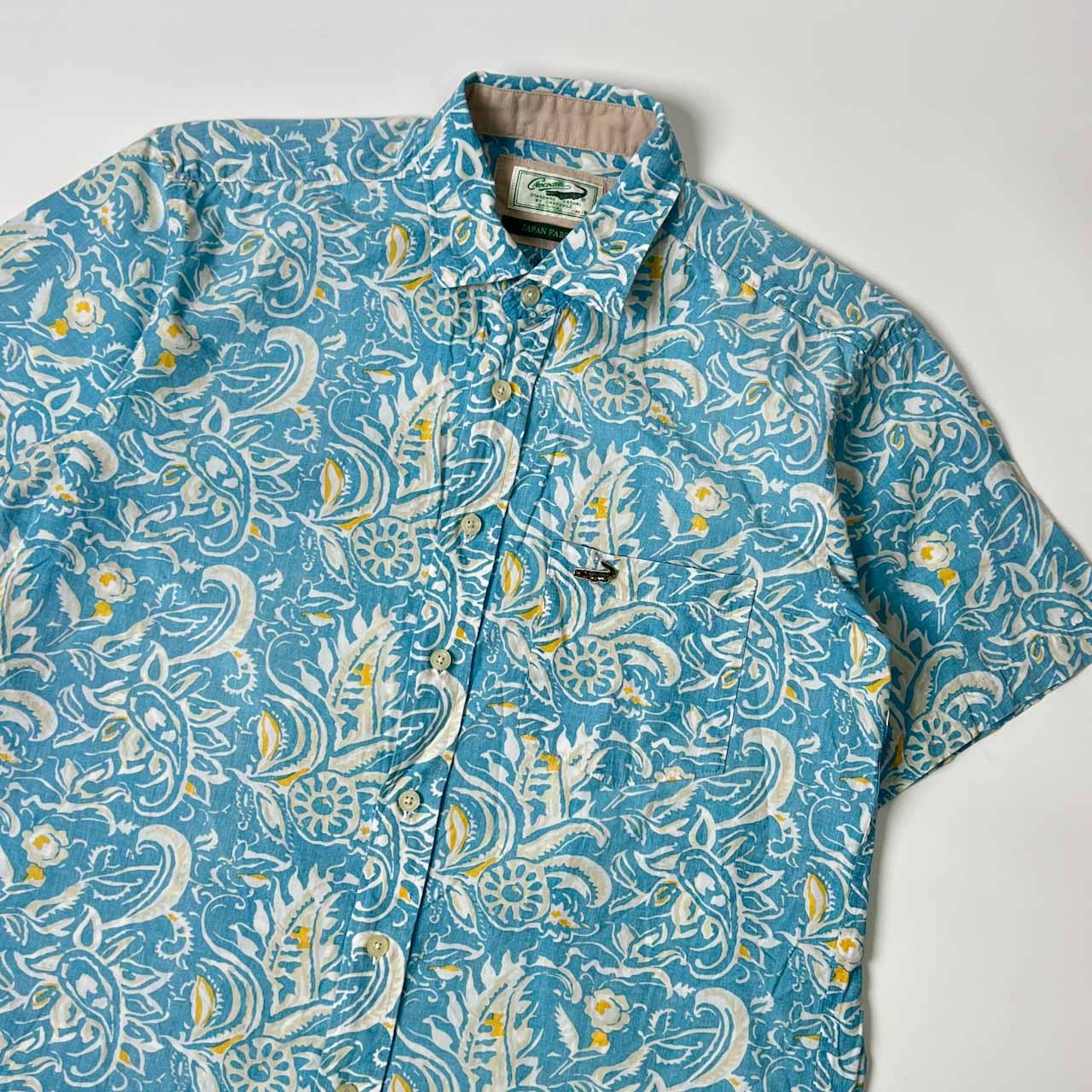 Crocodile クロコダイル ペイズリー ボタニカル デザイン 半袖シャツ M/ブルー系 メンズ 裏地使い