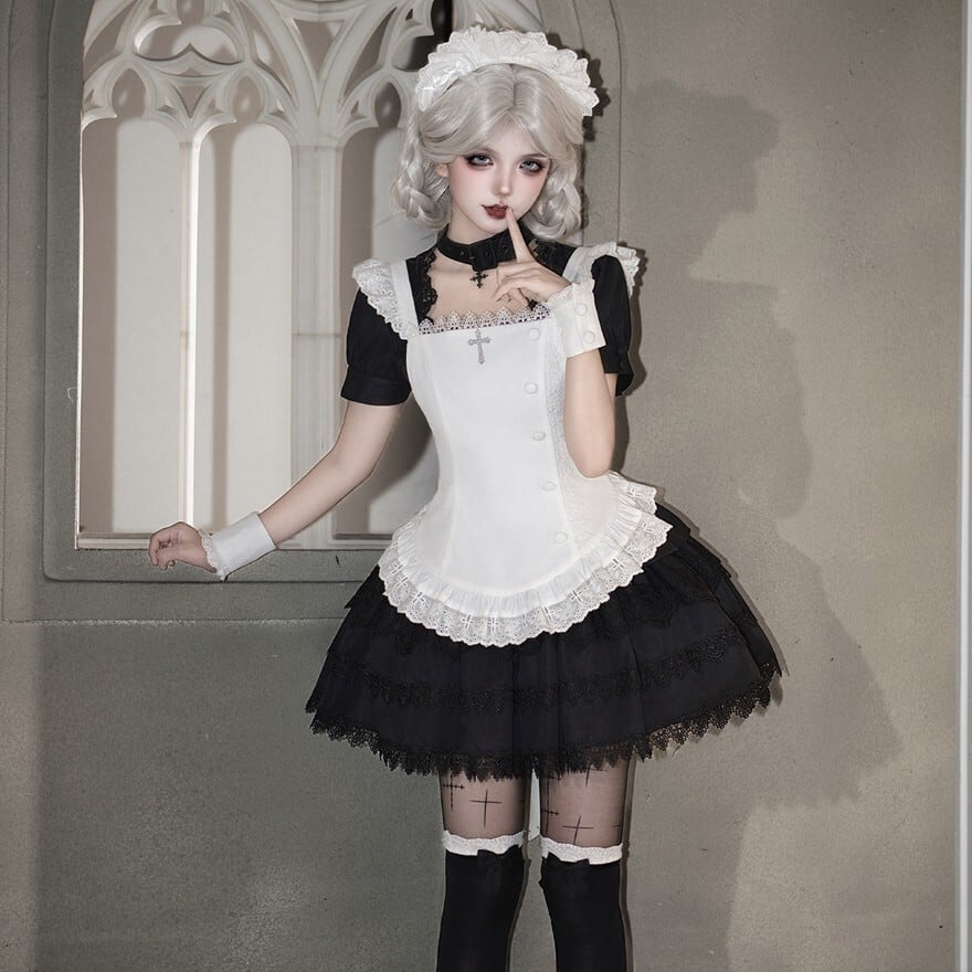 ゴスロリメイド｜黒レースOP5点セット（ブラック）コンカフェ制服