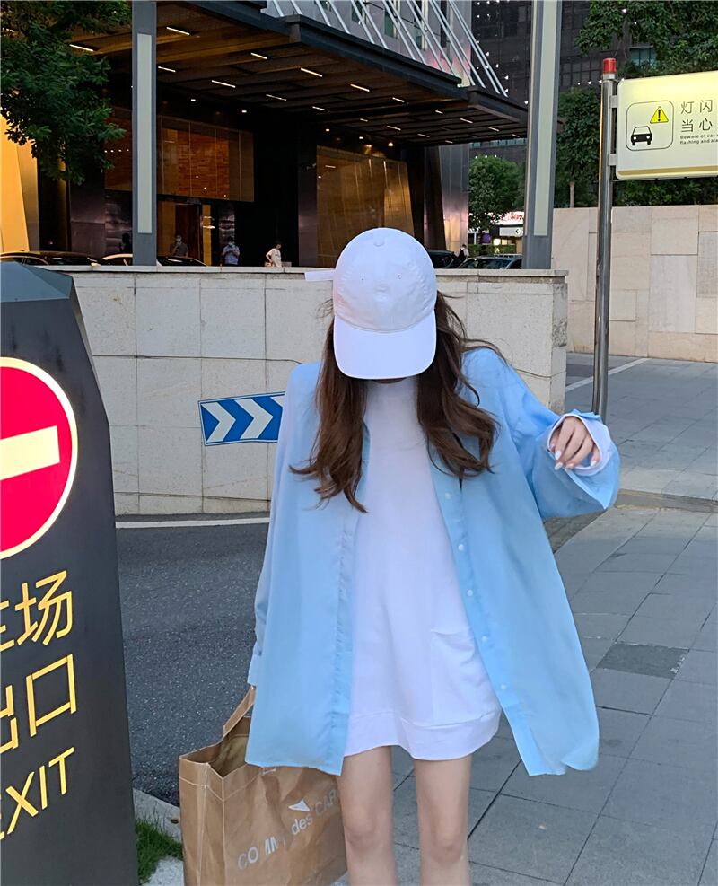 香港スタイルのレトロなポロカラーの青いシャツの女性の秋ルーズ長袖シャツジャケットミドル丈アウタージャケット ブラックストロベリース43663211786