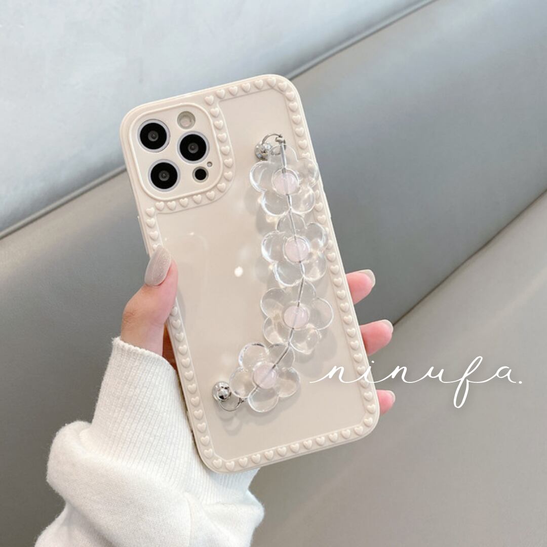 かわいいフラワーで落下防止◎定番人気 アイボリー チェーン ハート 花 淡色 おしゃれ iphone スマホケース ND-14612