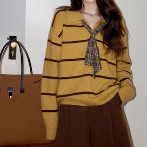 タイカラーボーダー柄ニット ・10122 タイカラーボーダー柄ニット ・10122