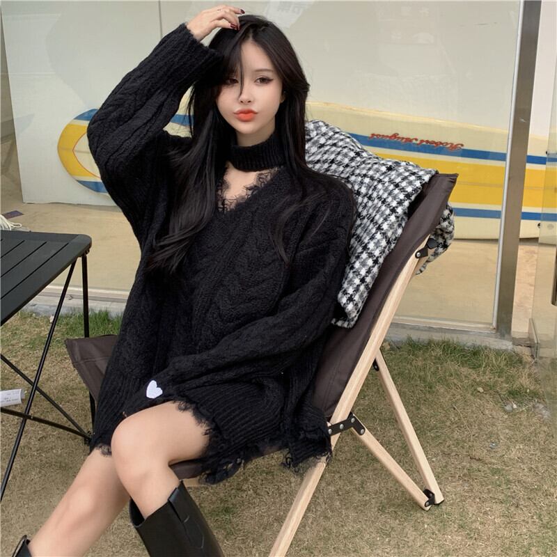 セーター レースVネックブラックニットスプリングプルオーバー トップス 春物 ブラックストロベリース25893331531