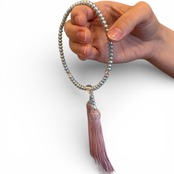 【現品1品限り・送料無料】淡水真珠数珠 ブルー調整色（4.5〜5.5mm） ピンク房仕立て｜数珠入れ付き｜念珠