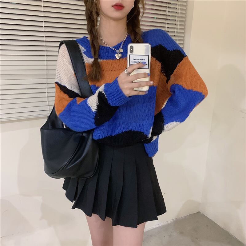 対照的なストライプのプルオーバーセーターの女性のアウターウェア2020年秋冬の新しいレトロカラーのルーズセータートップス クレセントシティ34412276518