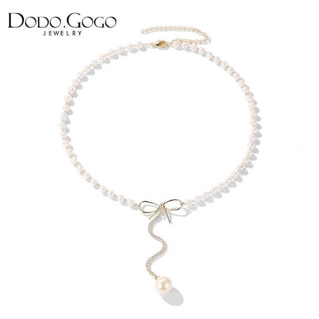 【小物】ネックレスビーズ付きラインストーン人気リボンスウィート