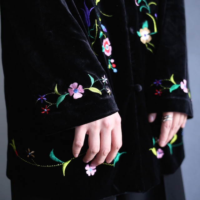 "草花×鳥"embroidery full pattern china motif black velours shirt