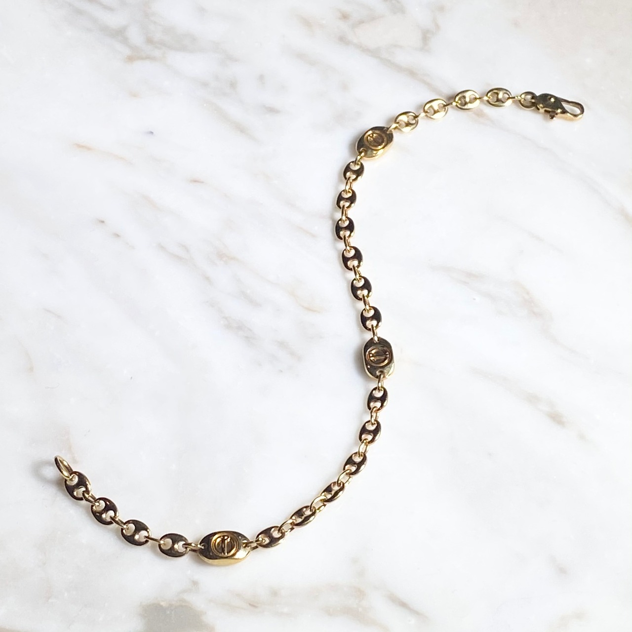 vintage DUNHILL gold color metal logo×anchor link chain bracelet (2)