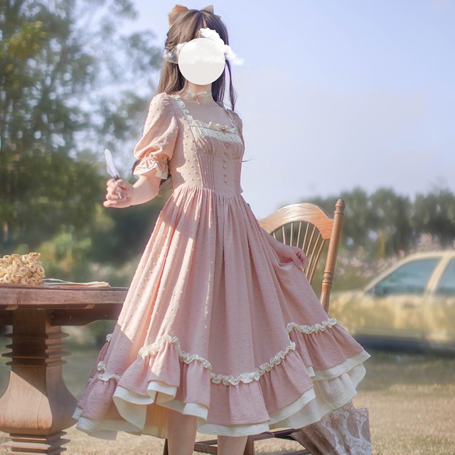 量産型 ロリータ ワンピース ピンク クラロリ フレンチガーリー 田園風 控えめ 胡桃木