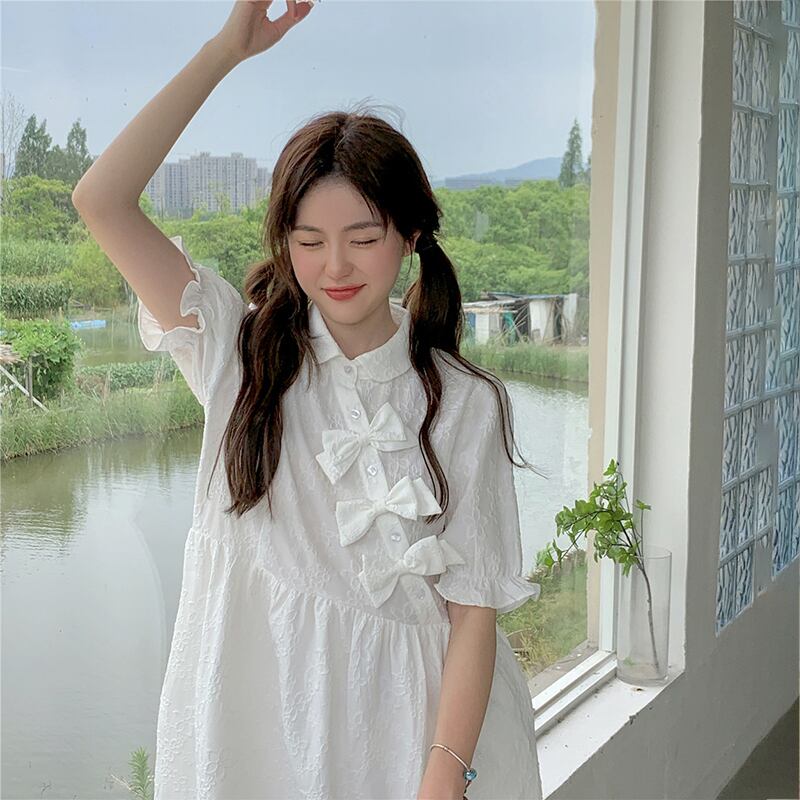 ホワイトスカート サマージャカードリボンスリーブドレス 大人ガーリー スウィート キュート カジュアル 夏物 萌量不足71743259553