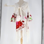 フラメンコ 衣装 トップス シージョ セット ホワイト系 イチオク ICHIOKU バラ柄 花柄 ピキージョ フレコ ベリーダンス チョリ ヒップスカーフ フリンジ 鮮やか 華やか 光沢 上品 練習 レッスン ダンス衣装 ステージ 白 赤 レッド系 ピンク系