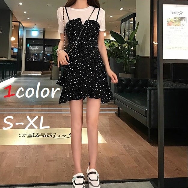 半袖Ｔシャツ キャミワンピセット レディース 2点セット トップス 半袖 ラウンドネック Tシャツ 無地 白 キャミソール ワンピース ミニ フレア ドット かわいい 可愛い 日常 デート お出かけ 普段着 10代 20代 女性 春 夏 大人 コーデ コーディネート 韓国 ファッション オルチャン お取り寄せ 送料無料 hll-1419