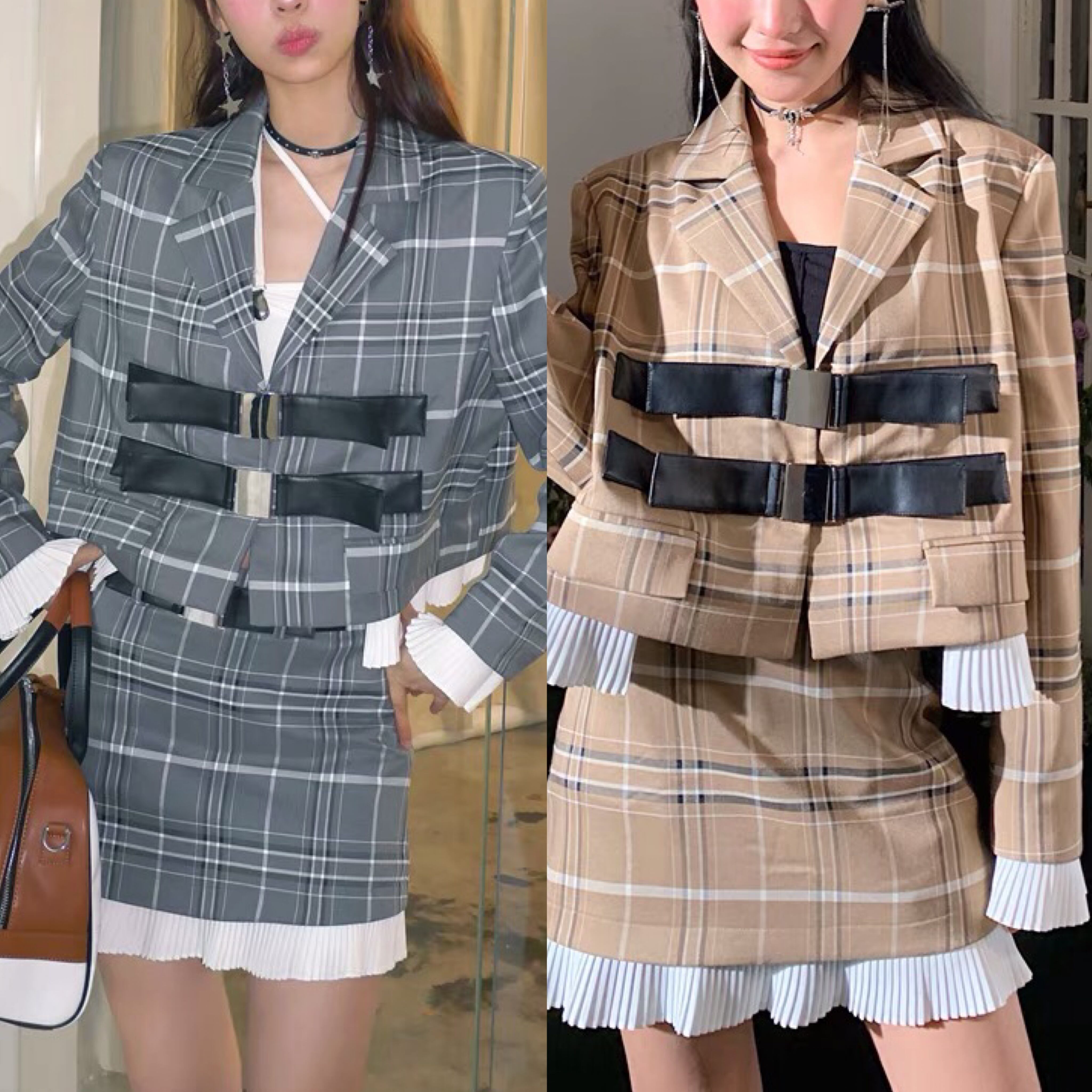 【セットアップ】チェック ベージュ グレー 水色 ベージュ 制服 プリーツスカート オフショルダー ブラウス カーディガン リボン ガーリー 姫 スーツ ジャケット 赤 チェック フリル カメリア 薔薇 フラワー グレー スーツ ツーピース エレガント ミニスカート ワンピース スカート
