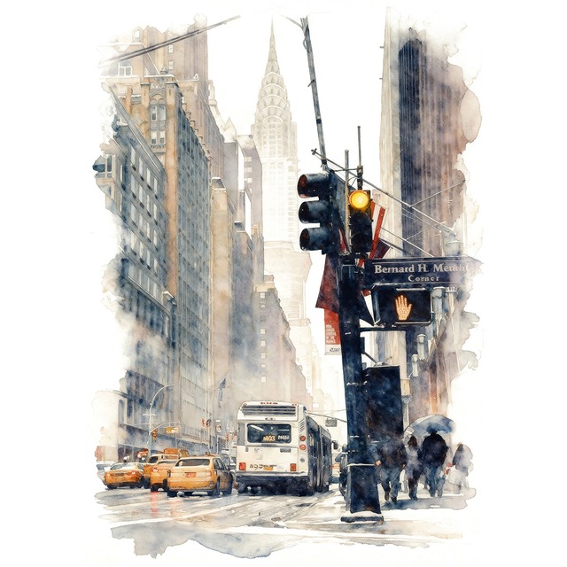 絵画 風景画(街並み)  アメリカ ニューヨーク マンハッタンとクライスラービル インテリアアート額付き 水彩画風 WAT1804