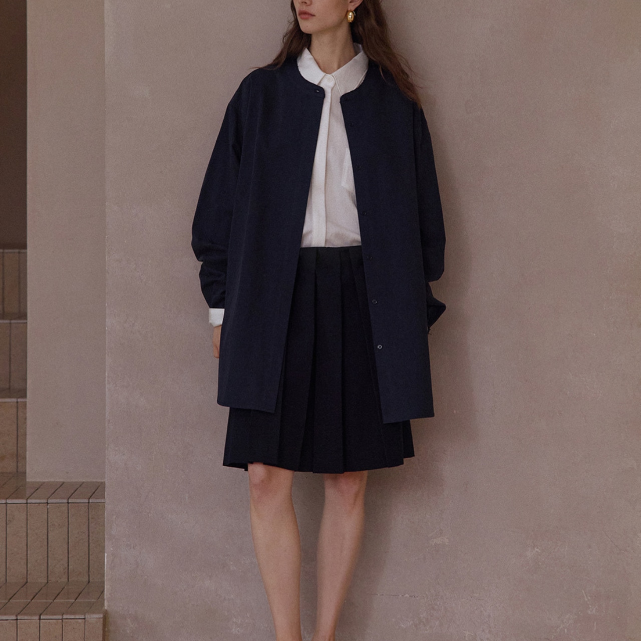 Stand Collar Button Front Long Length Cotton Shirt【3color】 T3641