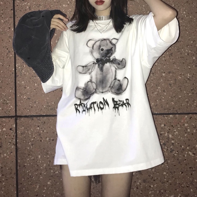 【FENGXIXIシリーズ】★Tシャツ★ トップス 熊 カップル服 メンズ 男女兼用 ホワイト 白い 大きいサイズ