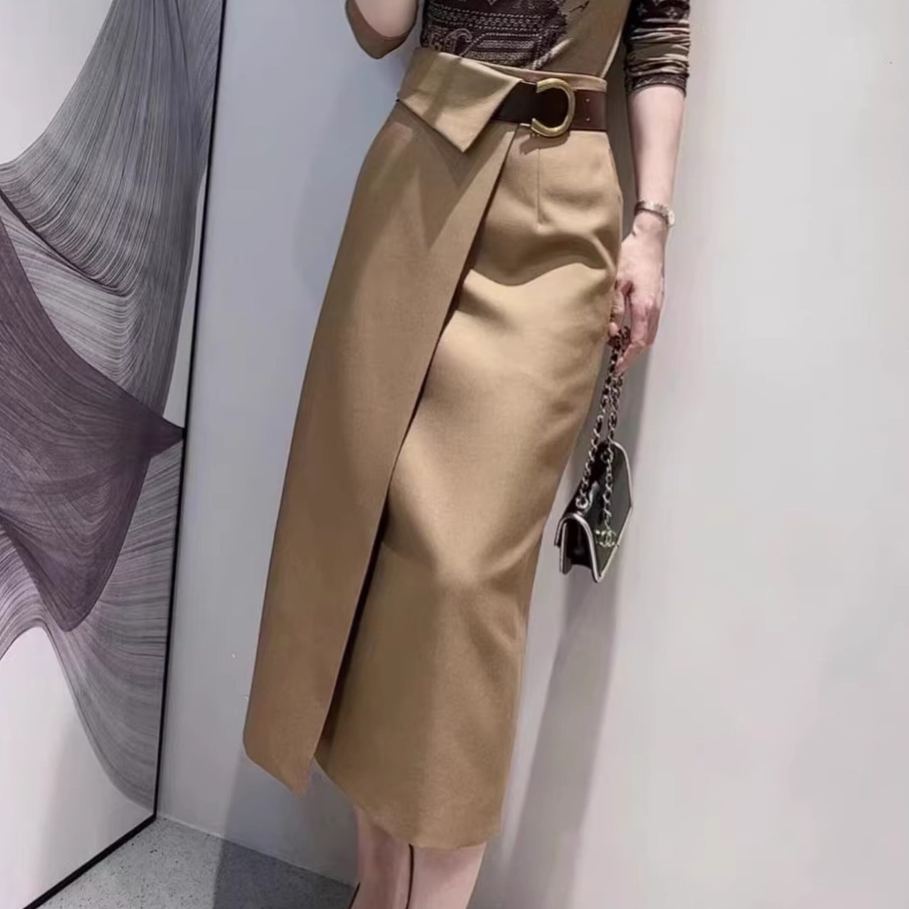 ベルト付き ラップ風 ミモレ丈 スカート 　全2色　 00030