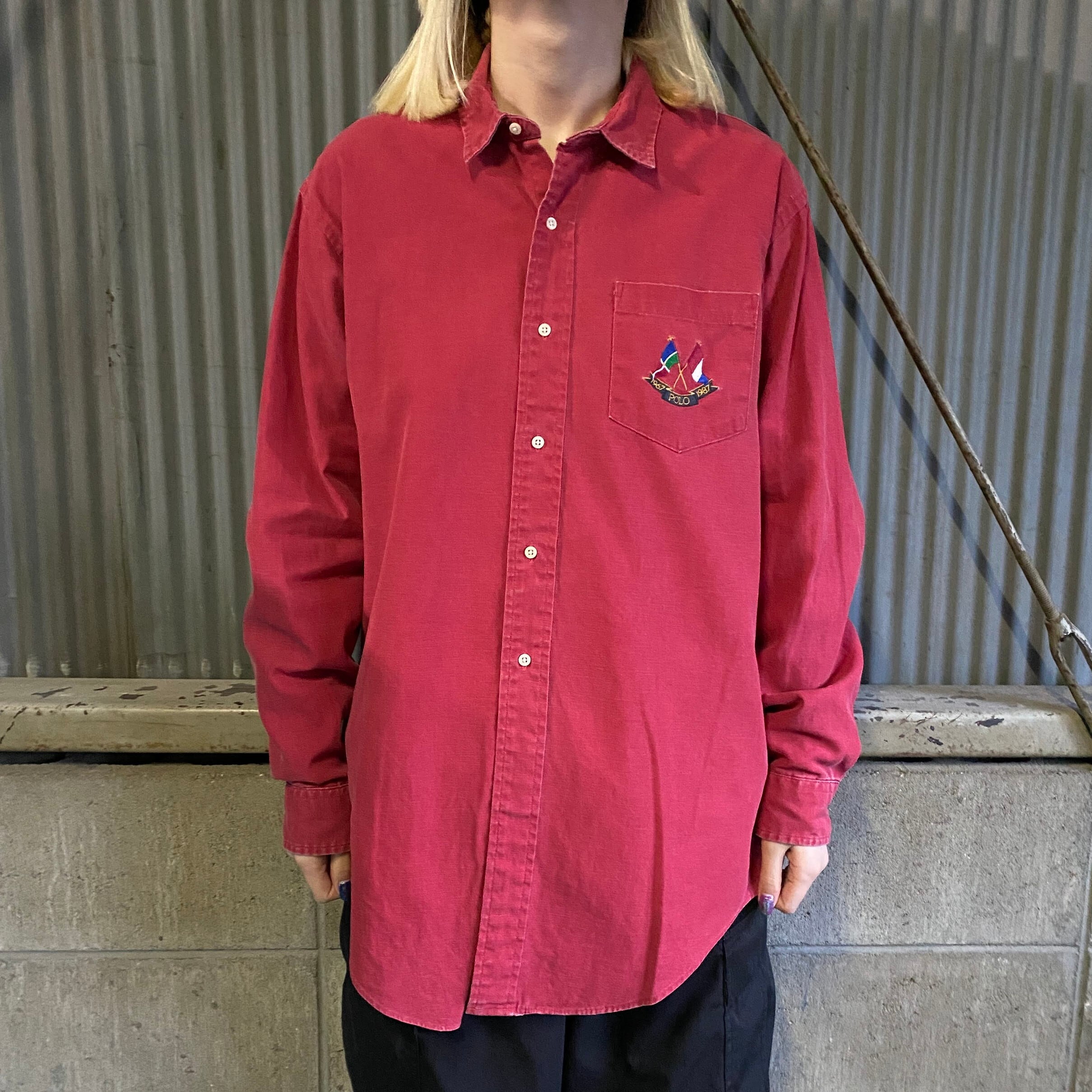 USA製 80年代 Polo by Ralph Lauren ラルフローレン 刺繍 長袖シャツ 