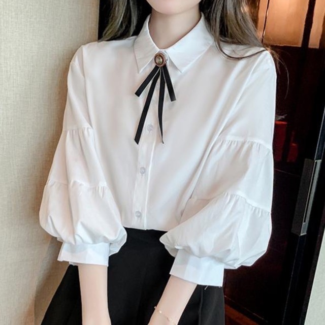 ribbon tie lantern sleeve blouse　A0183