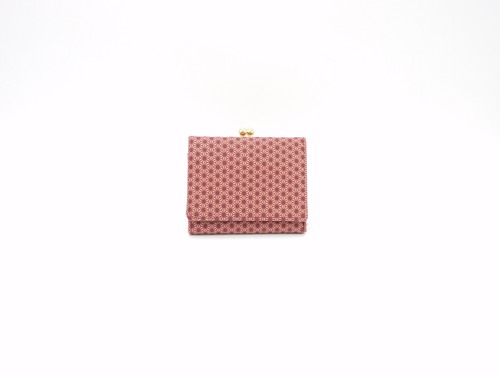 がま口財布（三つ折り）ボルド/ピンク　丸麻の葉柄　
