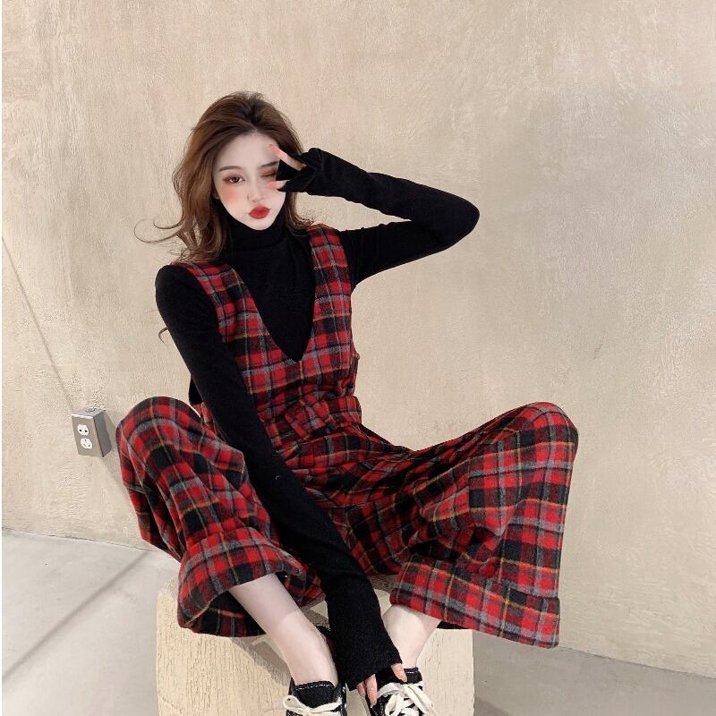 パンツ ハイウェストウェスト格子柄ルーズスプリングオータムカジュアル レッド 春物 秋物 ブラックストロベリース84405201452